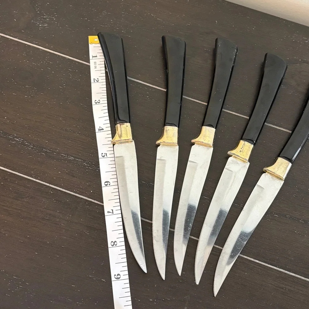 Vintage Armack Sheffield‎ England Steak Knife Set 5pc Black Gold Stainless Steel